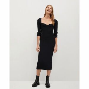 Mango Black Ribbed Long Sleeve Bodycon Midi Dress size S